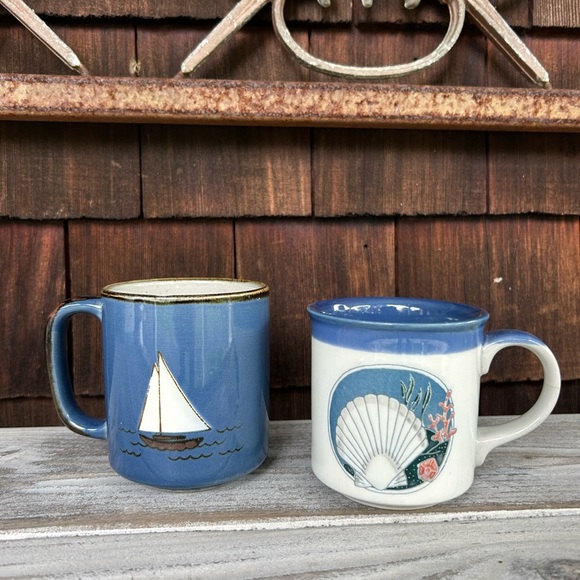 Nautical Blue and White Ceramic Mug Set. Sailboats and Seashells. - Picture 1 of 8